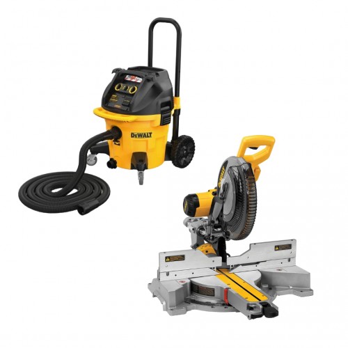 DWS780XPS DeWALT skersinio pjovimo staklės (305 mm) + DWV905M DeWALT sauso/šlapio valymo statybinis dulkių siurblys