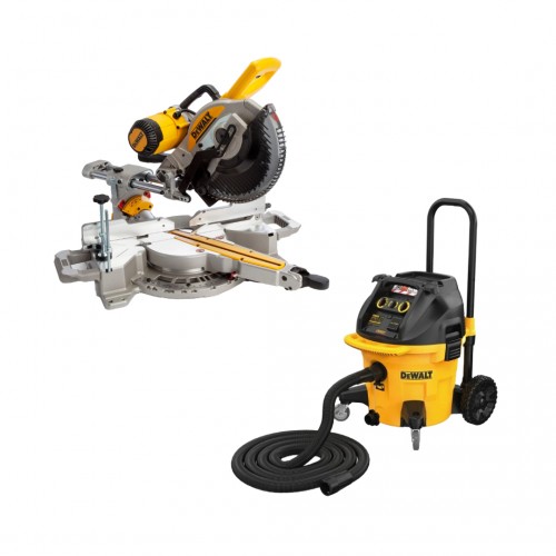 DWS727 DeWALT skersinio pjovimo staklės (250mm) + DWV905M DeWALT sauso/šlapio valymo statybinis dulkių siurblys