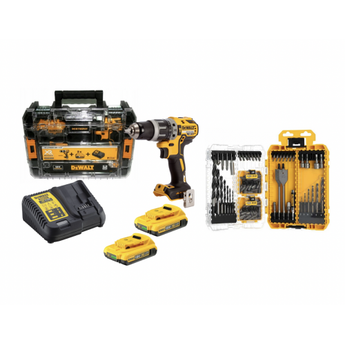 DCD796D2T DeWALT 18V XR smūginis gręžtuvas-suktuvas (2x2.0Ah) + DT70784 100 vnt. grąžtų ir antgalių rinkinys