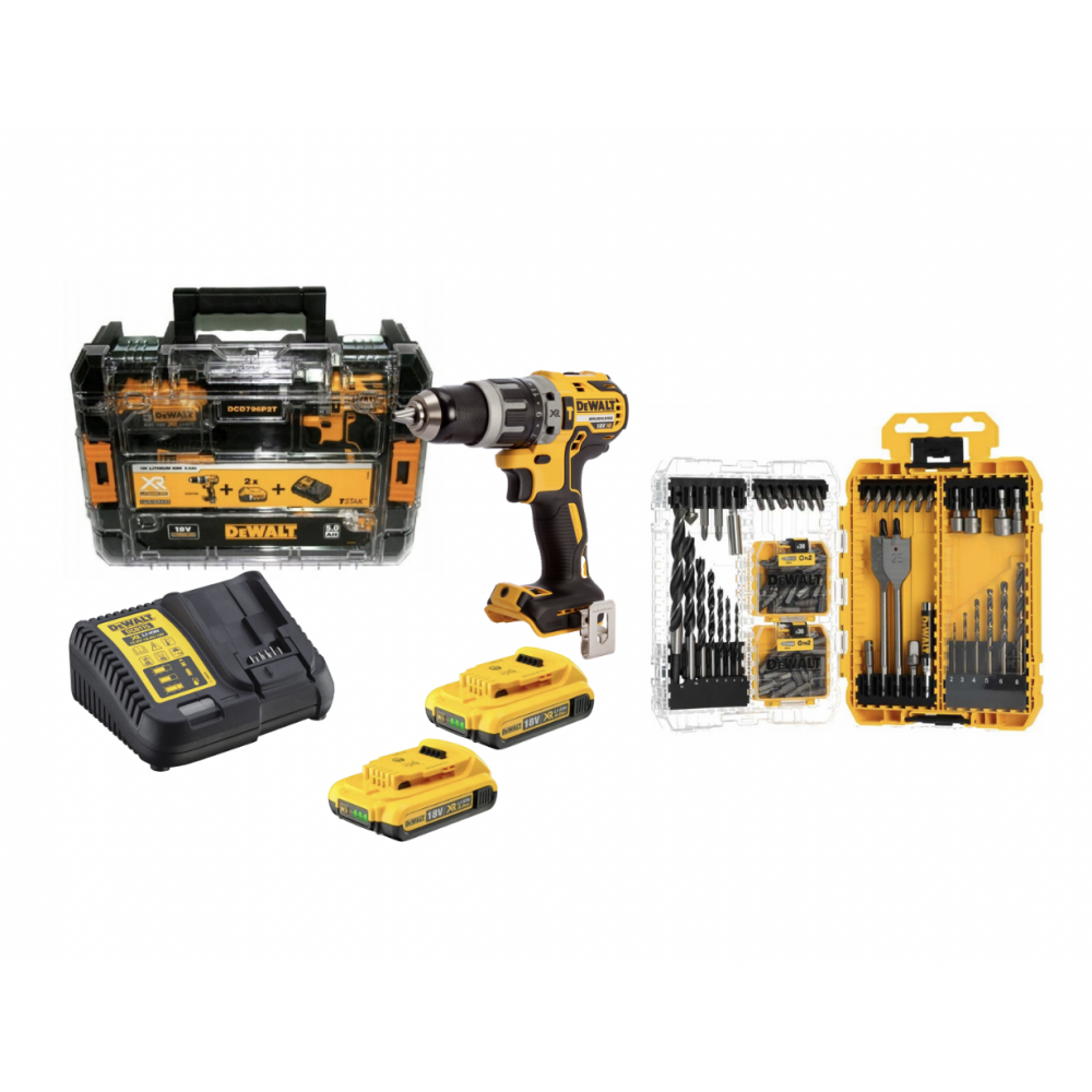 DCD796D2T DeWALT 18V XR smūginis gręžtuvas-suktuvas (2x2.0Ah) + DT70784 100 vnt. grąžtų ir antgalių rinkinys