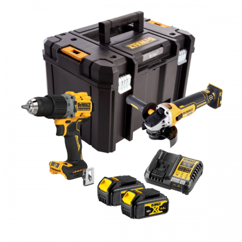 DCK2026M2T DeWALT 18V kampinio šlifuoklio ir suktuvo-smūginio gręžtuvo rinkinys (2x4.0 Ah)