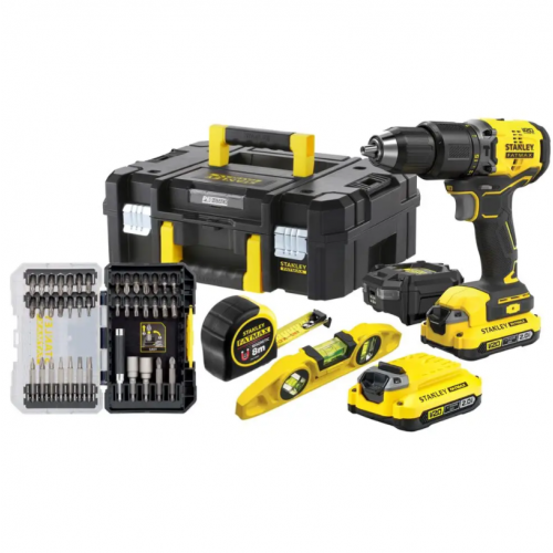 SFMCK101D2T Stanley FATMAX 20 V smūginio gręžtuvo rinkinys su gulsčiuku ir 40 vnt. antgalių 2×2.0 Ah
