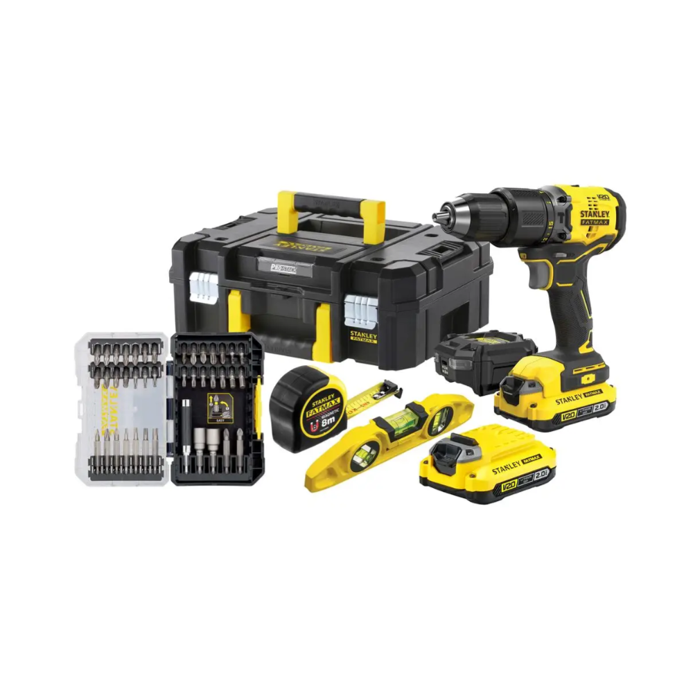 SFMCK101D2T Stanley FATMAX 20 V smūginio gręžtuvo rinkinys su gulsčiuku ir 40 vnt. antgalių 2×2.0 Ah
