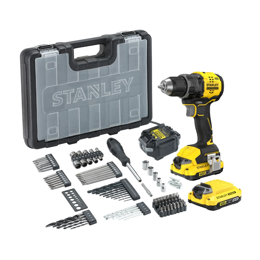 SFMCD714D2A Stanley FATMAX smūginis gręžtuvas–suktuvas – su 2 baterijomis ir aksesuarais