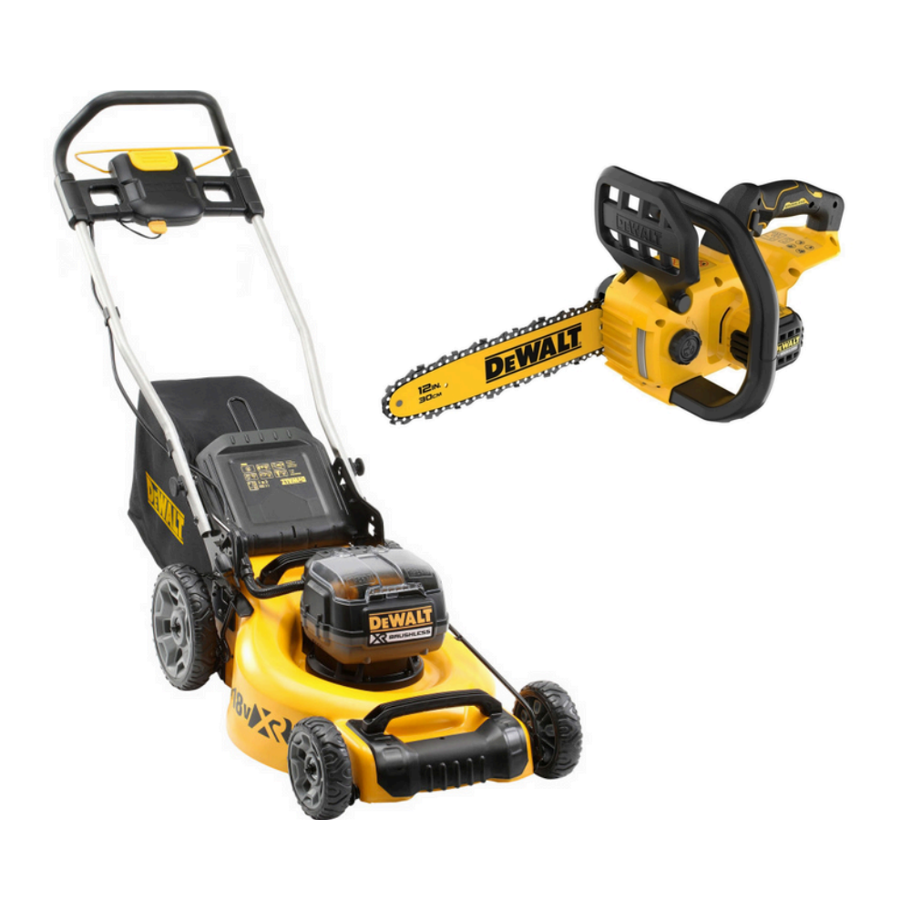 DCMW564P2 DeWALT 2x18V akumuliatorinė žoliapjovė (2x5.0 Ah) + DCMPH566N DeWALT 18V XR 550 mm gyvatvorių žirklės
