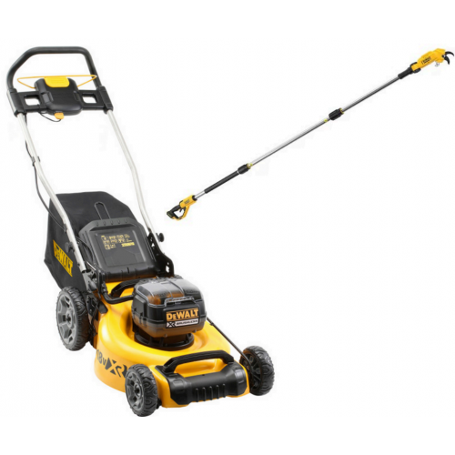 DCMW564P2 DeWALT 2x18V akumuliatorinė žoliapjovė (2x5.0 Ah) + DCMPH566N DeWALT 18V XR 550 mm gyvatvorių žirklės