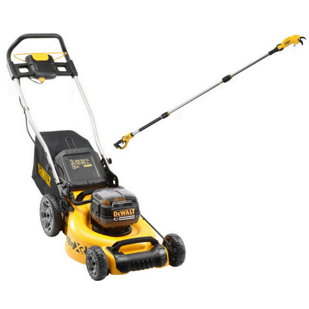 DCMW564P2 DeWALT 2x18V akumuliatorinė žoliapjovė (2x5.0 Ah) + DCMPH566N DeWALT 18V XR 550 mm gyvatvorių žirklės