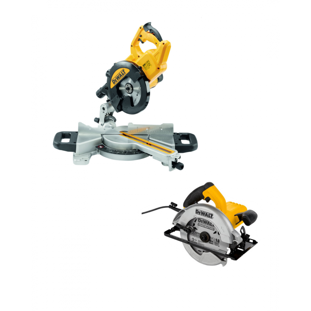 DWS774 DeWALT 216 mm skersinio pjovimo staklės 1400W + DWE5615 DeWALT 190 mm diskinis pjūklas 1500W