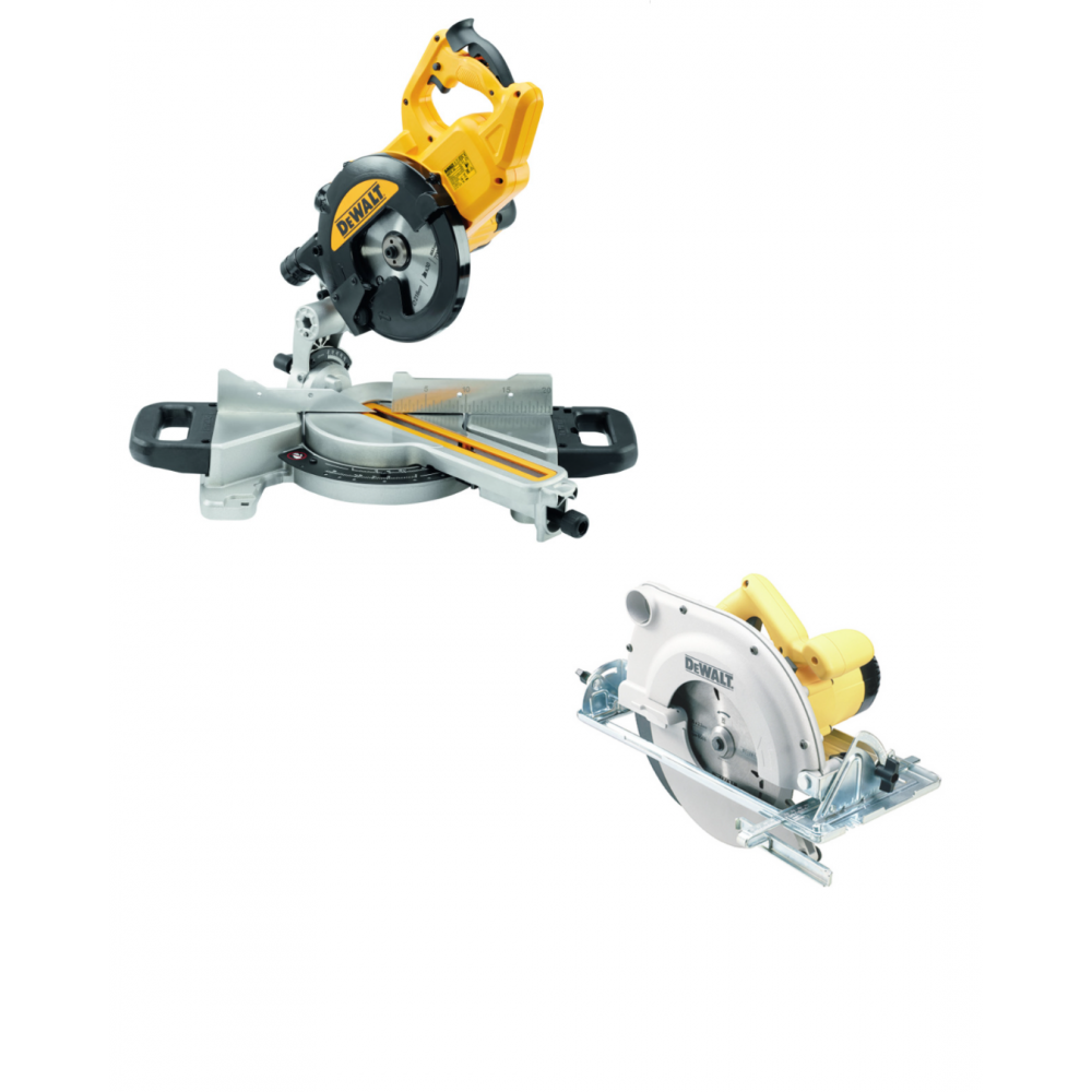 DWS774 DeWALT 216 mm skersinio pjovimo staklės 1400W + D23700 DeWALT 86 mm diskinis pjūklas