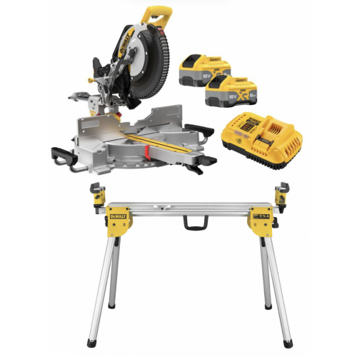 DCS782XW2 DeWALT skersavimo pjūklas 2x8 Ah + DE7023 DeWALT skersinio pjovimo staklių stovas