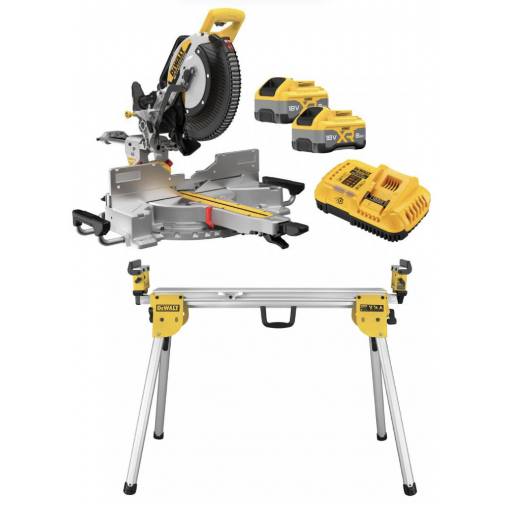 DCS782XW2 DeWALT skersavimo pjūklas 2x8 Ah + DE7023 DeWALT skersinio pjovimo staklių stovas