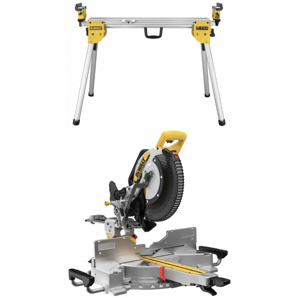 DCS782XW2 DeWALT skersavimo pjūklas 2x8 Ah + DE7023 DeWALT skersinio pjovimo staklių stovas