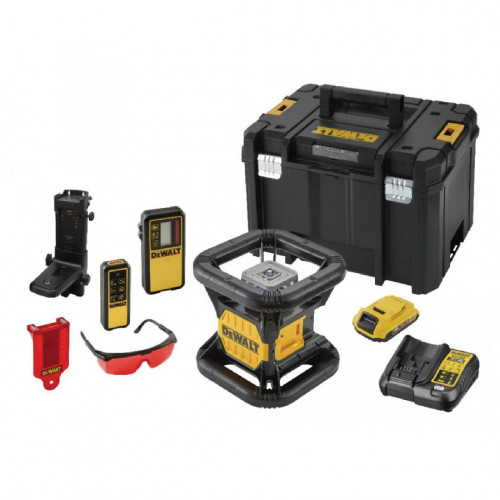 DCE079D1R DeWALT 18V 2Ah akumuliatorinis rotacinis nivelyras + statybinis trikojis